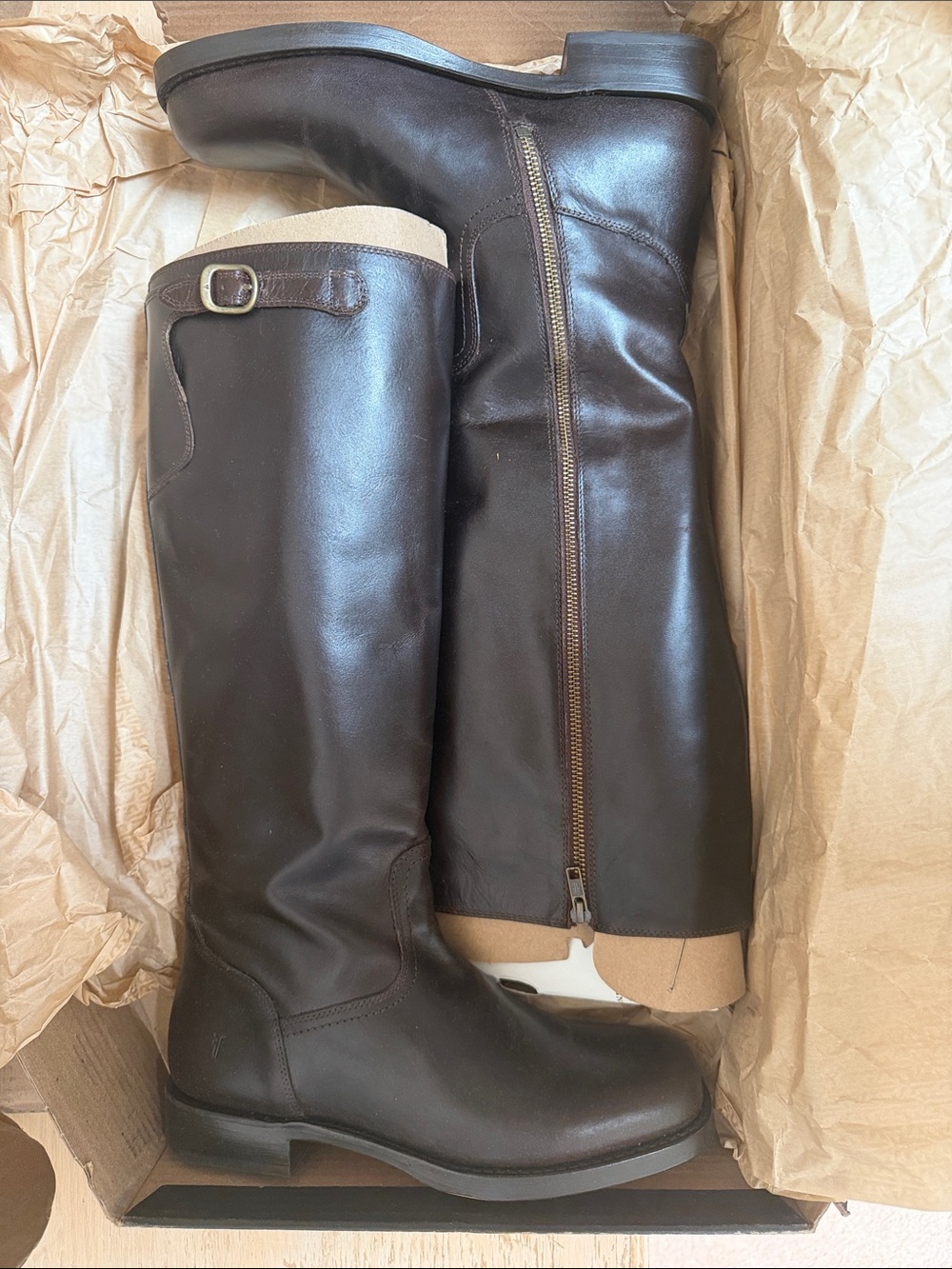 Frye Dark Brown Tall Leather Riding Boots with Side Zipper